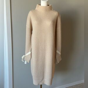 Cozy & Chic Oversized Knit Mock Neck Sweater Dress Satin Bow Cuffs Fits like S/M